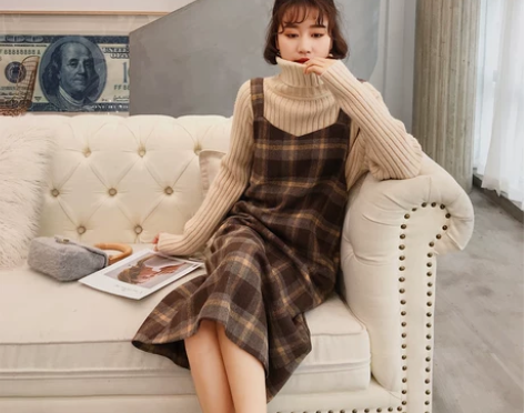 女装裙子2017新款潮 复古格子中长款毛呢...