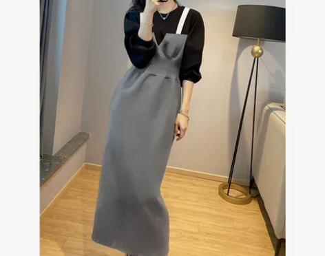 黑色拼接背带连衣裙女法式减龄高腰长裙收腰显...