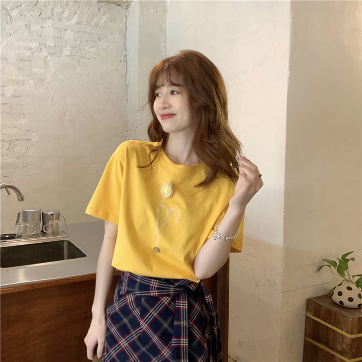 特色短袖女设计感小众初恋甜美绣花正肩宽松显...