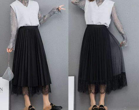 两面穿裙子百褶裙女秋冬网纱半身裙A字裙20...