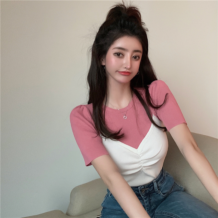 9.5新,正肩撞色抹胸假两件短款上衣女褶皱...
