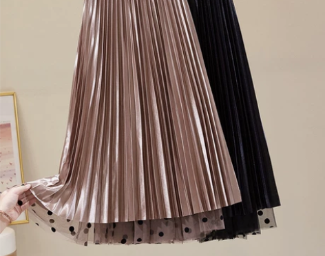 实拍两面穿金丝绒百褶秋冬长款网纱植绒波点裙...