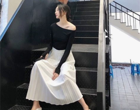 秋高腰大摆裙A字裙白色过膝中长款仙女裙百褶...