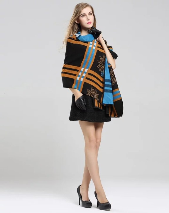 DENNY双面女士保暖时尚格子围巾披肩，金...