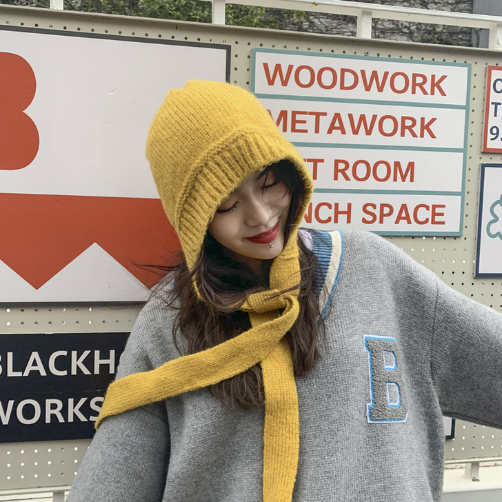 邪恶先生可爱系带包头毛线帽子女秋冬季护耳针...