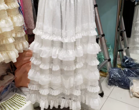 欧洲站荷叶边拼接雪纺蛋糕裙春季新款蕾丝花边...