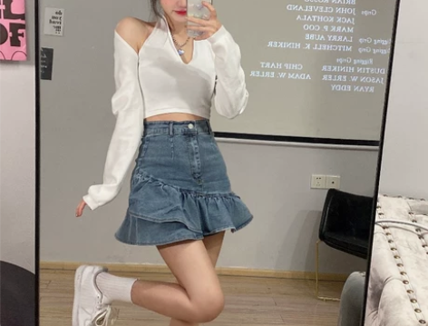 辣妹荷叶边牛仔半身裙女夏季2022新款高腰...