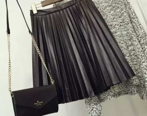 秋冬新款高腰风琴百褶皮裙百搭A字半身裙PU...