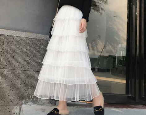 秋冬季高腰层层蛋糕裙中长款网纱百褶裙子，米...