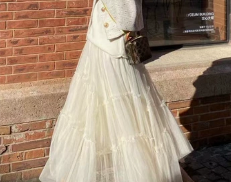 轻法式复古网纱裙 高腰显瘦蓬蓬裙中长款