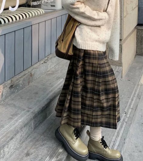 cheese 乌木沉香 日系复古格纹百褶裙...