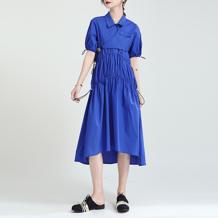 LU.LDS山本风蓝色泡泡袖连衣裙不规则+...