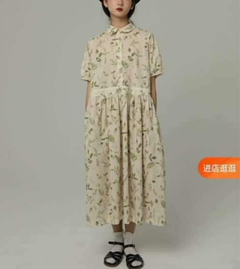 豆屋制衣 复古做旧植物印花清新田园法式风短...