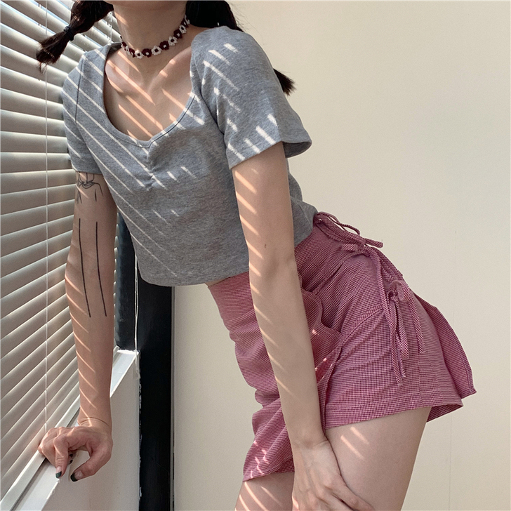 夏季韩版短款修身bm上衣女显瘦百搭方领短袖...