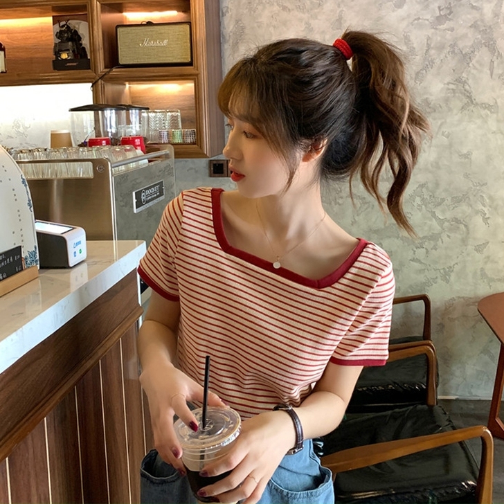 可盐可甜小个子设计感众条纹t恤短袖2021...