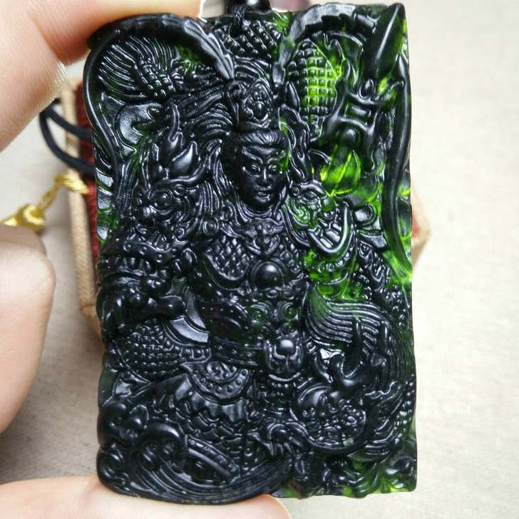 天然玉石墨玉战神牌子吊坠双面雕刻墨绿玉项链...