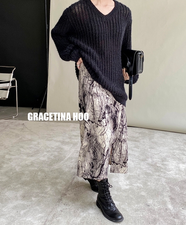 【ootd】极简风独特泼墨印花侧开叉半身裙