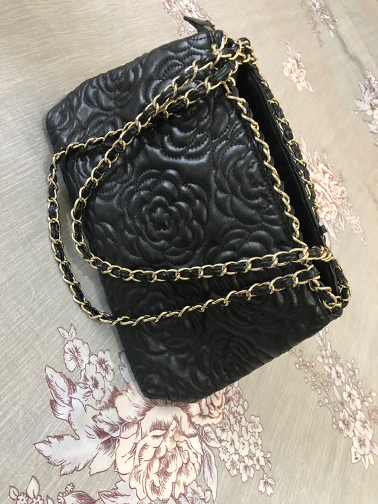 黑色真皮山茶花单肩手提包 百搭款 中号 边...