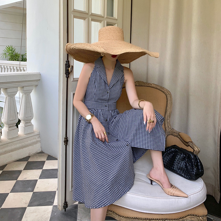 朱小姐夏收腰显瘦裙子气质女桔梗洋气复古摩登...