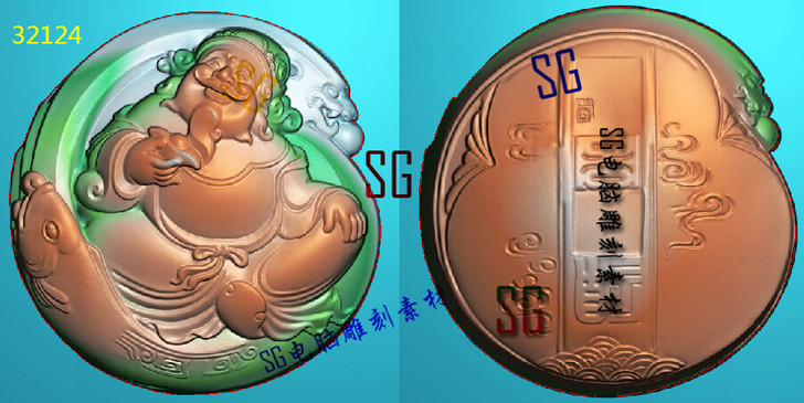 精雕图玉雕扫描图双面牌子财神爷爷32124