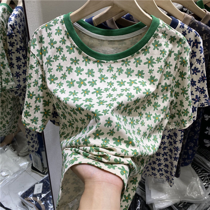 纯棉复古碎花短袖T恤女2021夏季新款设计...