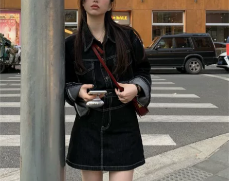 kumikumi港风套装明线牛仔外套上衣女...