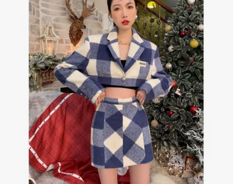 一套 毛呢套装女港风套装女复古chic短款...