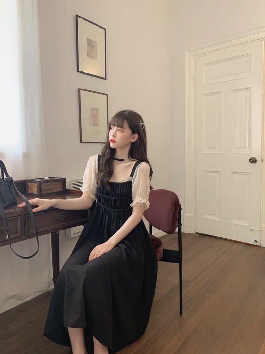 （可换）式赫本风小黑裙方领收腰绑带中长款连...