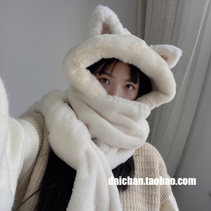 推荐秋冬女仿兔毛加厚小耳朵帽子围巾一体雷锋...