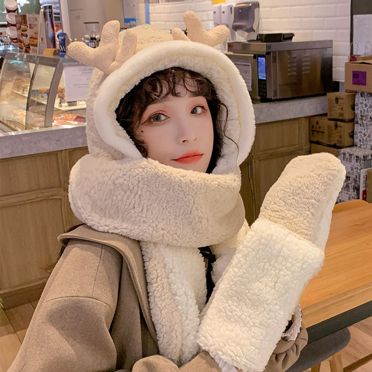 鹿角帽子女秋天冬季甜美可爱保暖毛绒围巾连帽...