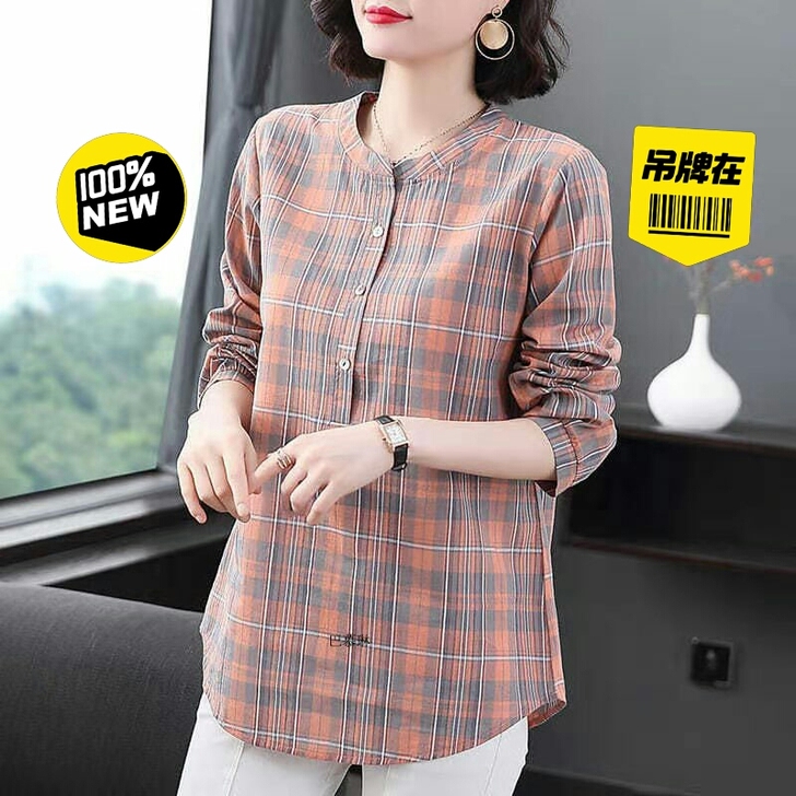上衣2021秋季新款格子套头衬衫女四十岁中...