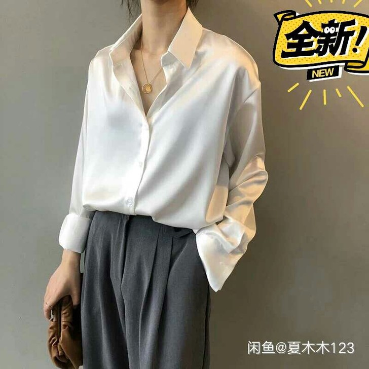 丝绸缎面衬衫女设计感小众夏季韩版宽松白色冷...