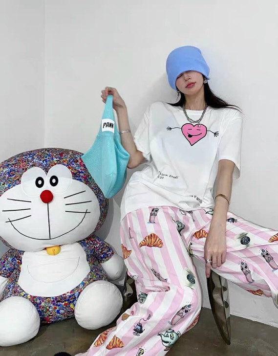 粉色涂鸦束脚裤尺码均码