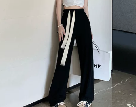 低价出售，黑色拖地休闲裤女  高腰直筒宽松...