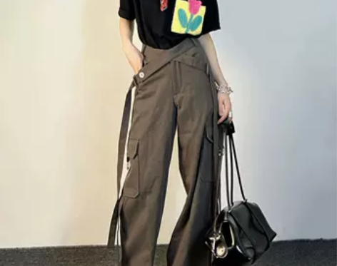 大码美式高街复古低腰直筒工装裤女胖mm夏季...