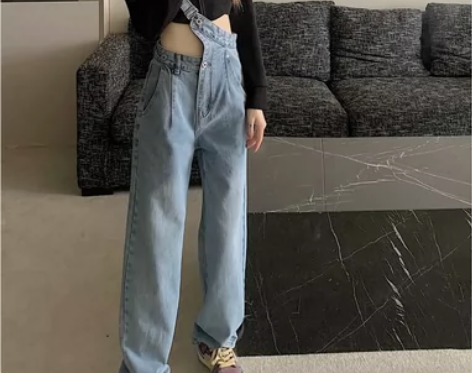 不规则单肩背带牛仔裤女装高腰宽松直筒显瘦长...