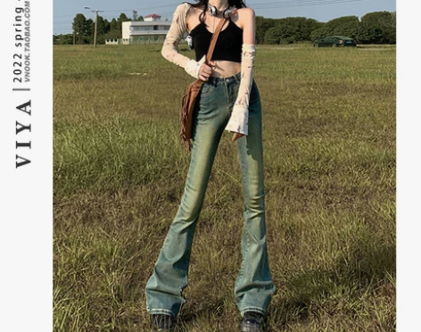 复古做旧水洗微喇牛仔裤女高腰显瘦修身弹力直...