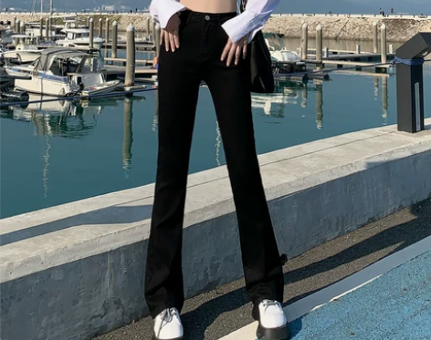 黑色加绒微喇牛仔裤女秋冬2021年新款高腰...