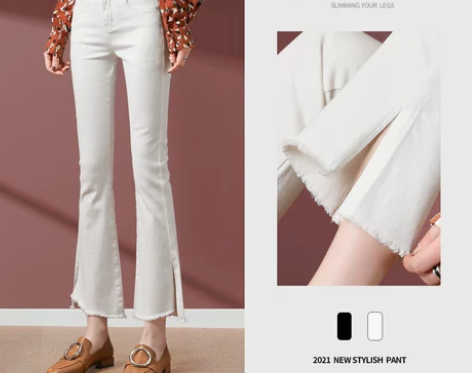 白色开叉牛仔裤女小个子宽松显瘦2022年新...