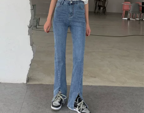 蓝色微喇开叉牛仔裤女2022春款高腰显瘦黑...