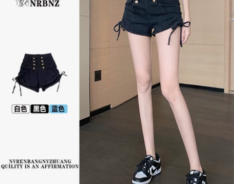 双排扣抽绳牛仔短裤女韩版高腰显瘦弹力a字阔...