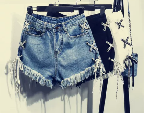 绑带高腰牛仔短裤女夏季新款韩版大码胖mm宽...