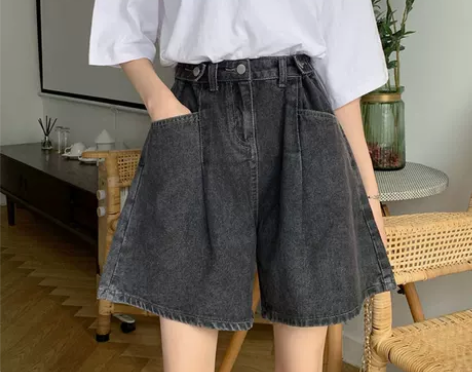 黑灰色高腰牛仔短裤女夏季新款宽松显瘦大码胖...