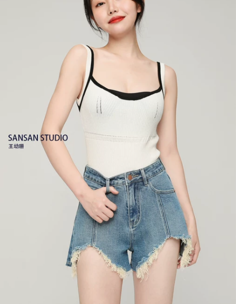 王幼珊高腰牛仔短裤女宽松薄款2022夏季新...