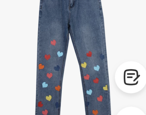 美式复古bm彩色爱心印花牛仔裤女直筒宽松高...