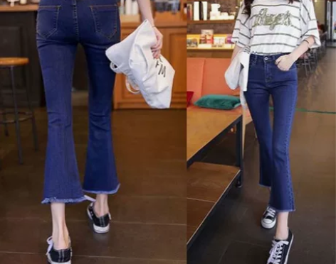 春秋蓝色九分微喇叭牛仔裤女2022新款高腰...