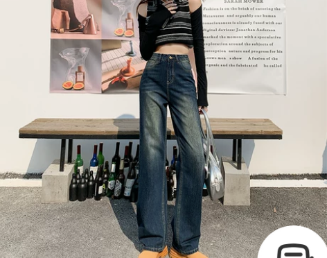 BRN辣妹复古高腰阔腿牛仔裤女2022年秋...