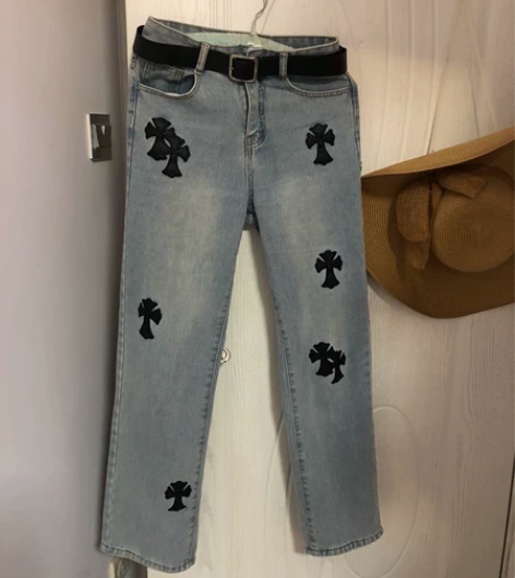 大牌同款十字架牛仔裤送皮带,女宽松阔腿,垂...