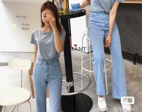 韩国代购春装直筒m码牛仔裤长裤浅蓝色阔腿裤...