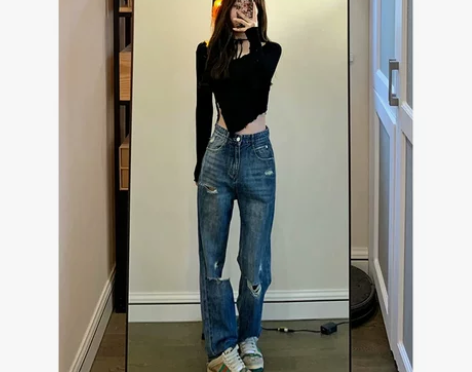 膝盖破洞牛仔裤女秋冬新款设计感直筒显瘦宽松...